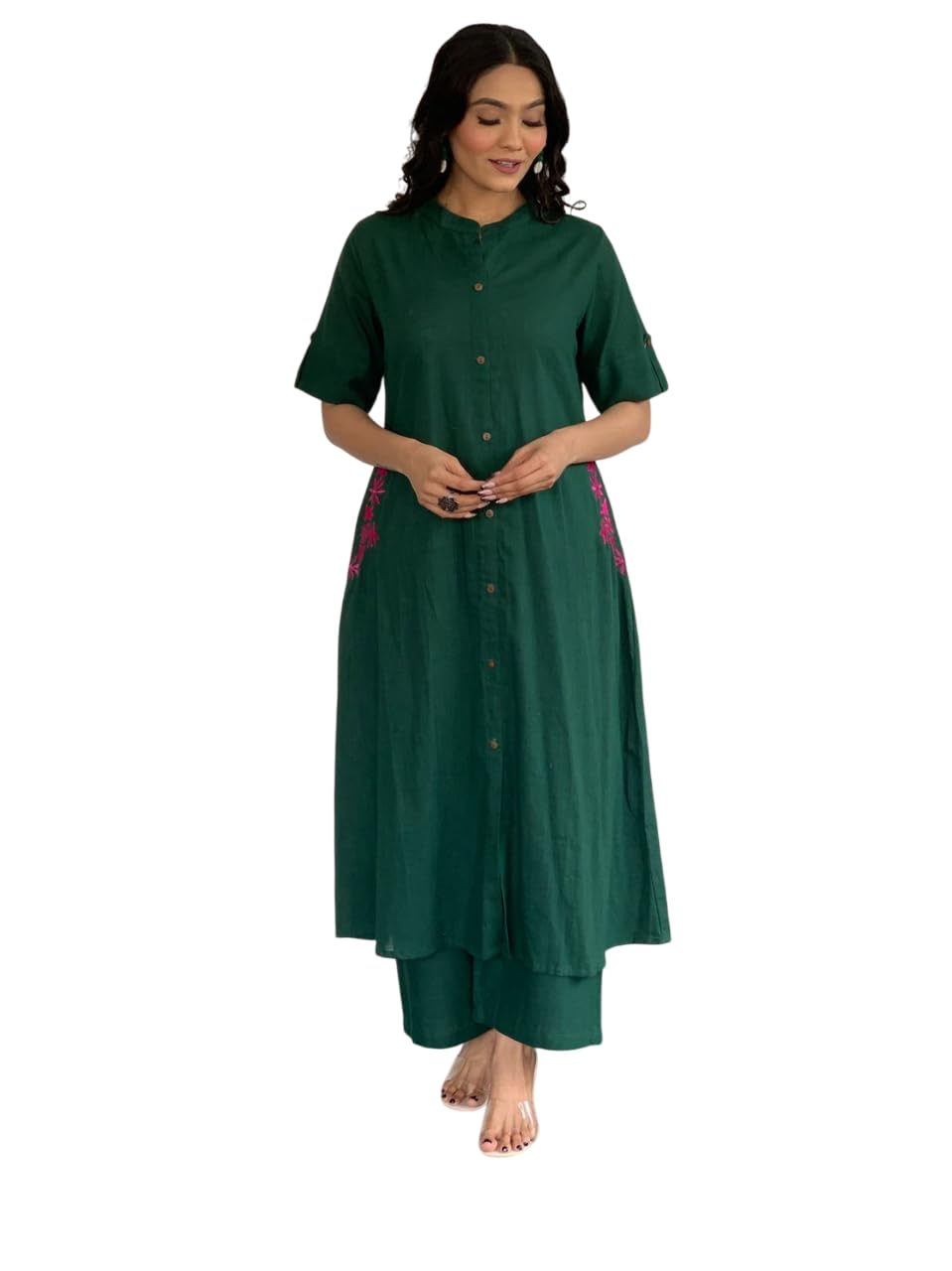 Women's Cotton Embroiderd Long A-Line  Kurti with Palazzo