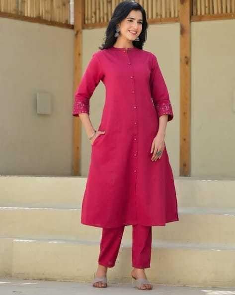 Women's Cotton Solid Flared Straight kurti with Pant
