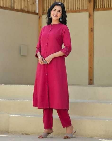 Women's Cotton Solid Flared Straight kurti with Pant