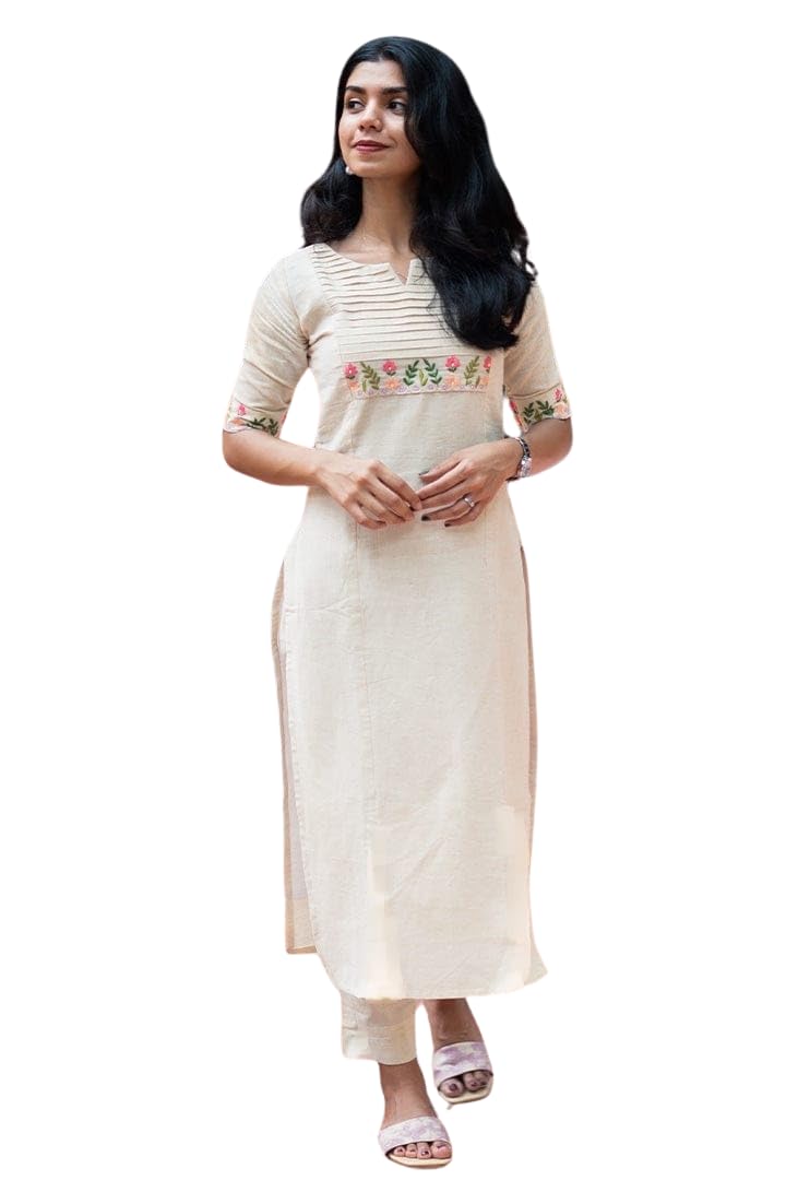 Women's Cotton Floral Printed Straight Kurti with Palazzo (White)