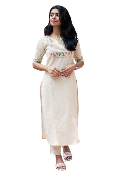 Women's Cotton Floral Printed Straight Kurti with Palazzo (White)
