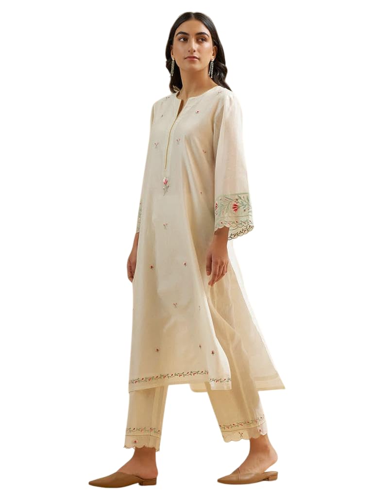 Women's Cotton Embroidered Straight Kurti With Pant
