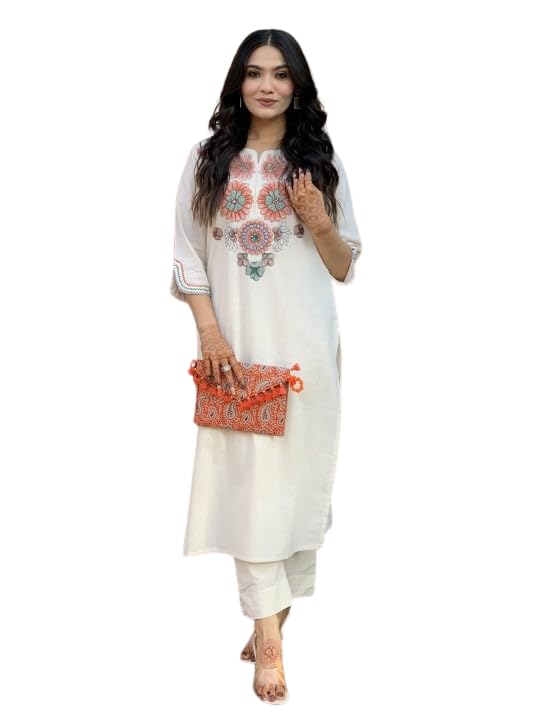 Women's Pure Cotton Embroidery Floral Printed Straight Coo-rd Set Kurti with Pant (White)