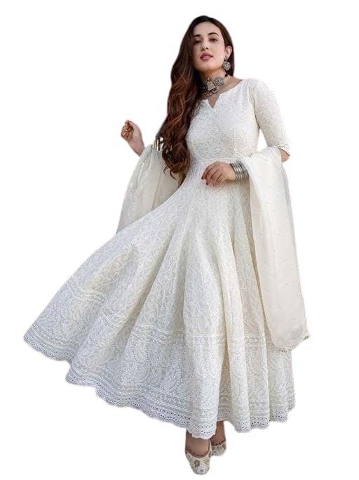 Women's Cotton Chikankari Long Anarkali Kurti With Dupatta (White)