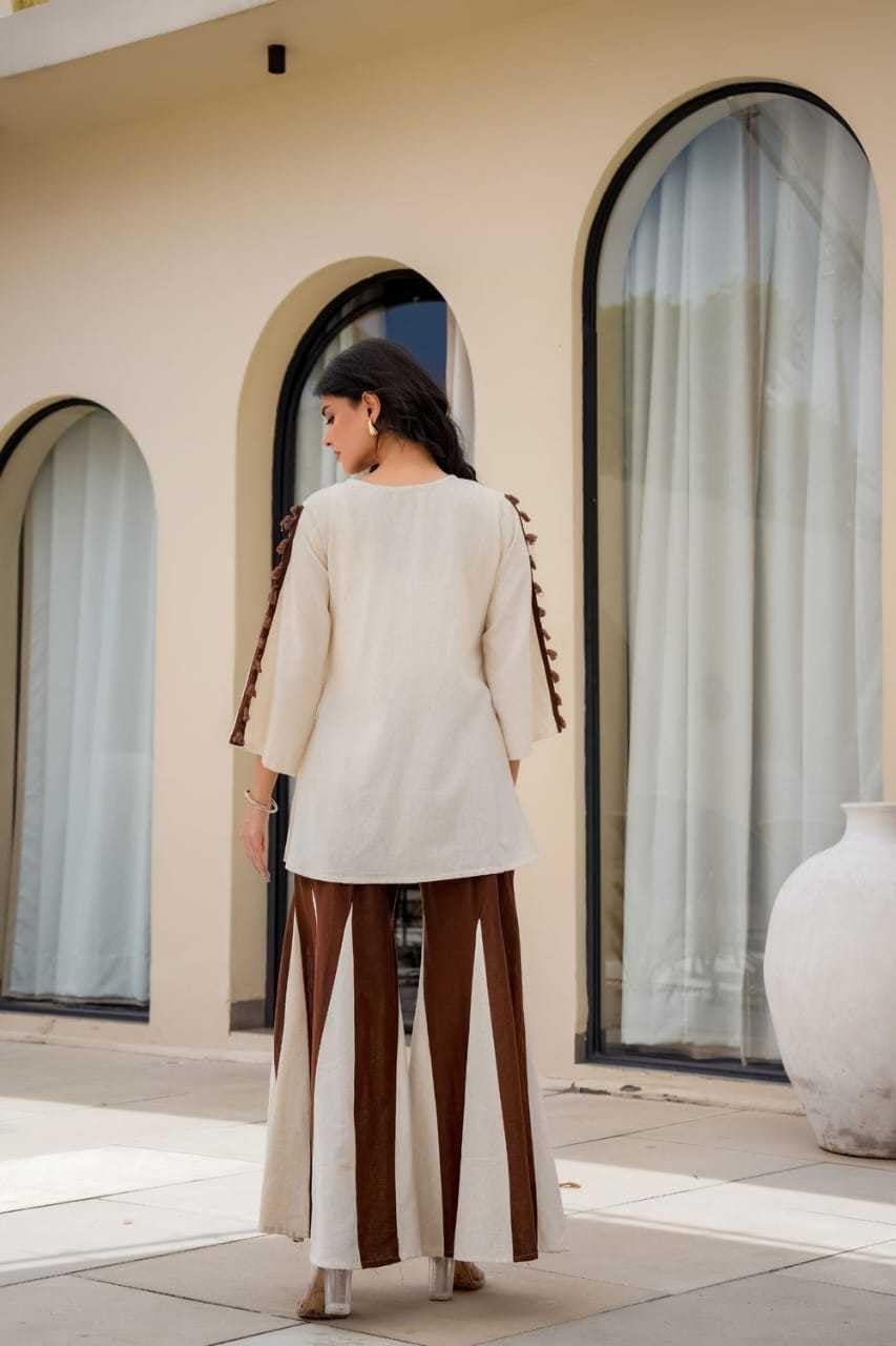 Women's Cotton Floral Embroidery and tassel straight fit kurti with flared PalAMzo Pant (Off White Brown)