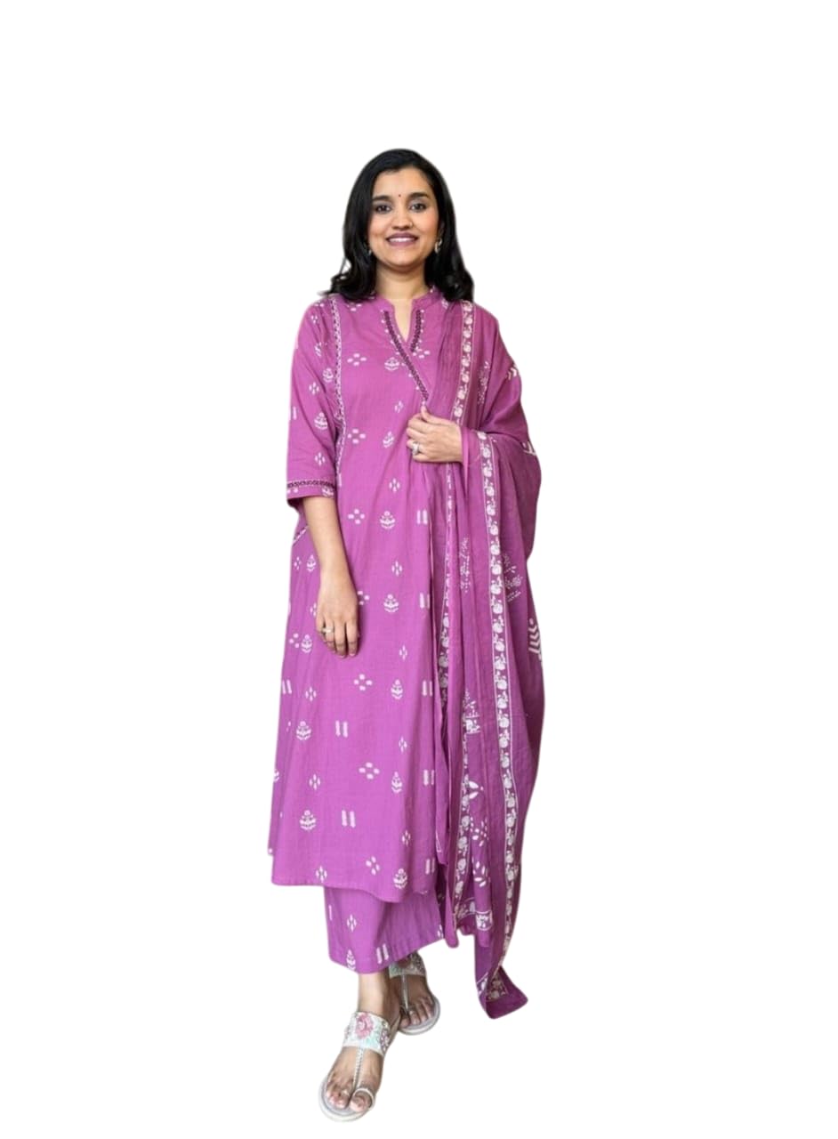 Women's Cotton Embroidered Anarkali Kurti with Pant and Dupatta Set