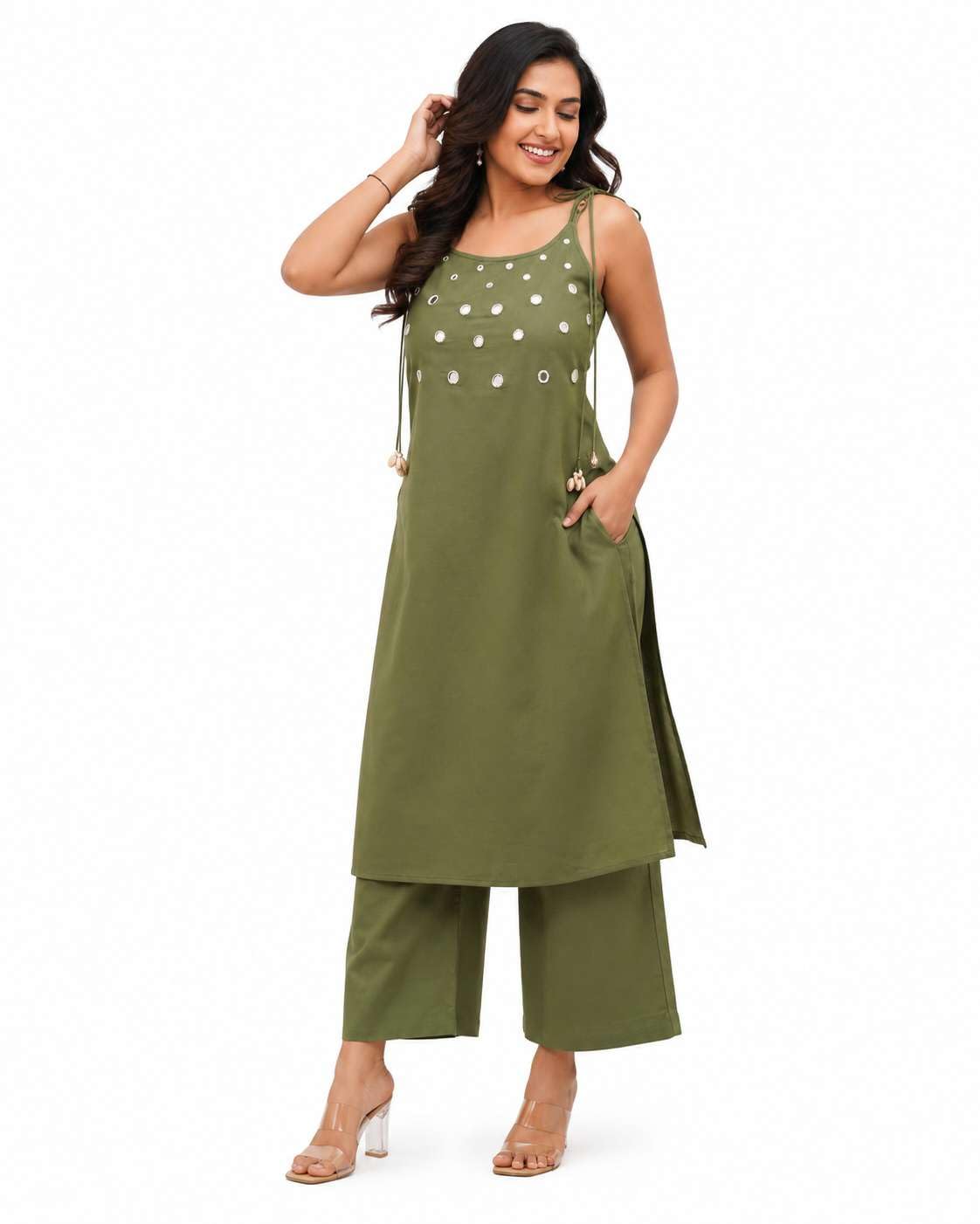 Women's Cotton Embroidery Sleeveless Kurti With Ankle length Pant Set