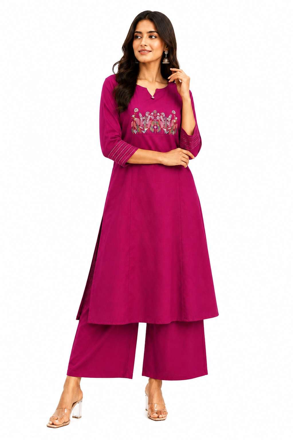 Women's Cotton Embroidered Straight Kurti With Pant Set