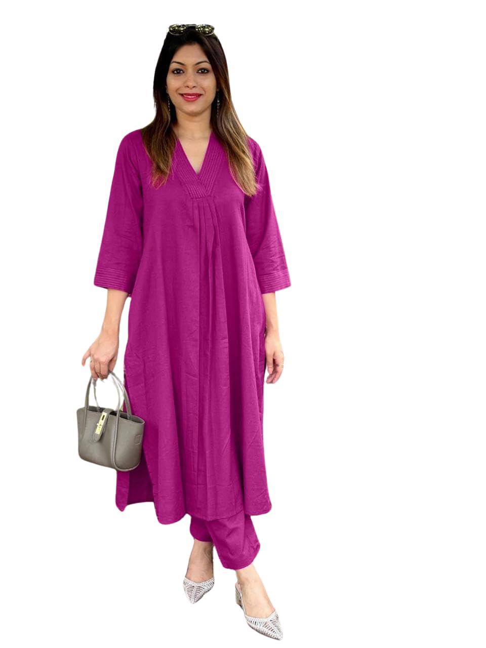 Women's Cotton Plain Coard set A-Line Straight Kurti With Pant