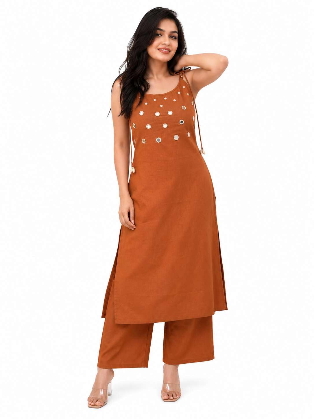 Women's Cotton Embroidery Sleeveless Kurti With Ankle length Pant Set