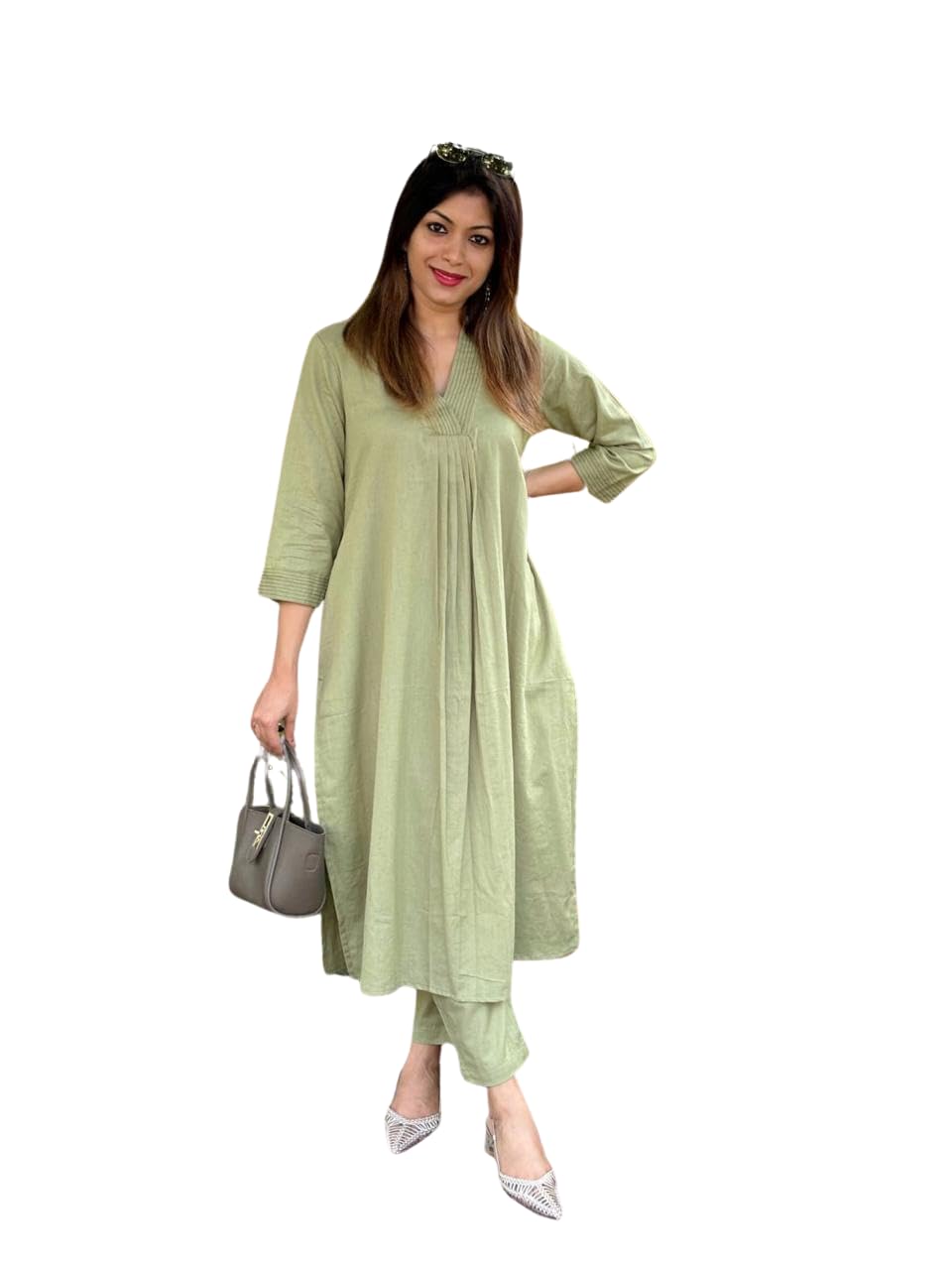 Women's Cotton Plain Coard set A-Line Straight Kurti With Pant
