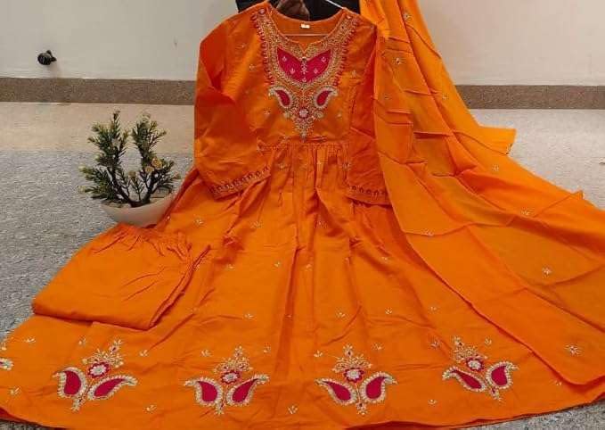 Women's Cotton Embroidered Anarkali Salwar Suit Set with Dupatta Set