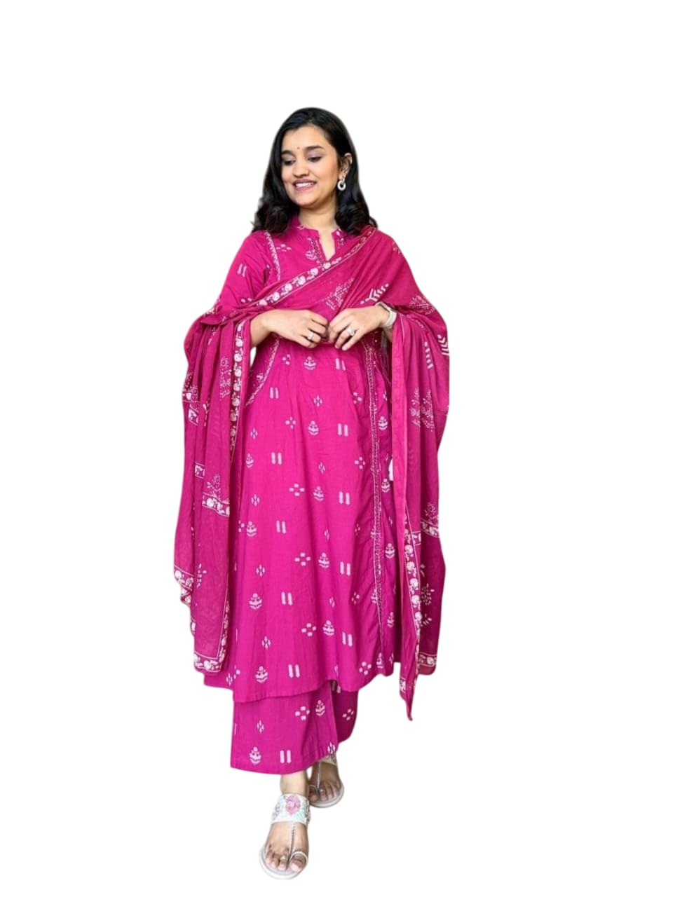 Women's Cotton Embroidered Anarkali Kurti with Pant and Dupatta Set