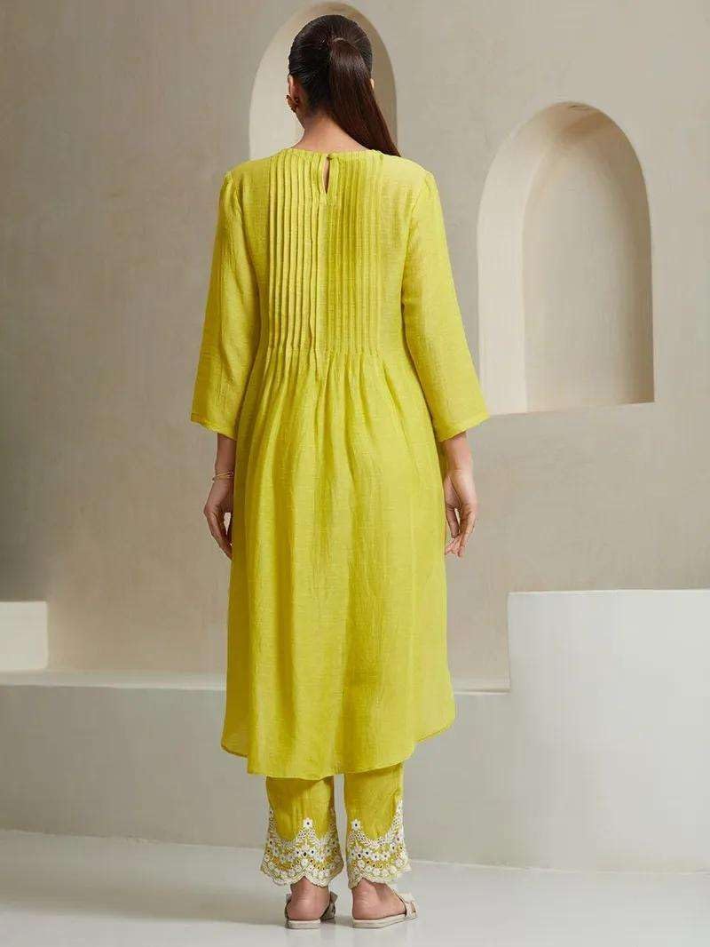Women's Cotton Printed Line Flared Straight Kurti with Palazzo and Dupatta (Parrot Green)