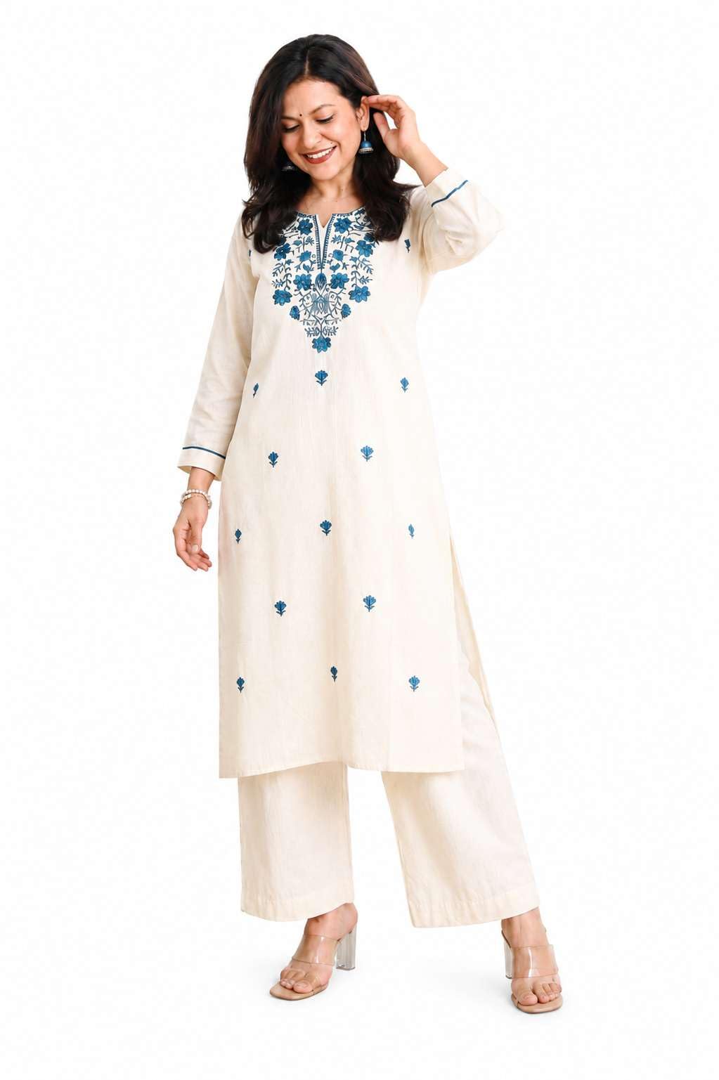 Women's Cotton Floral Embroidered  Straight Kurti With Pant -UG-11