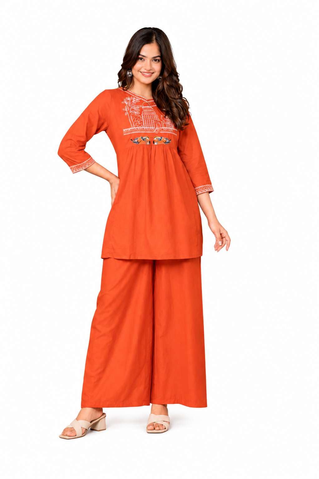 Women's Cotton Embroidered Short Anarkali Kurti With Pant (Orange)