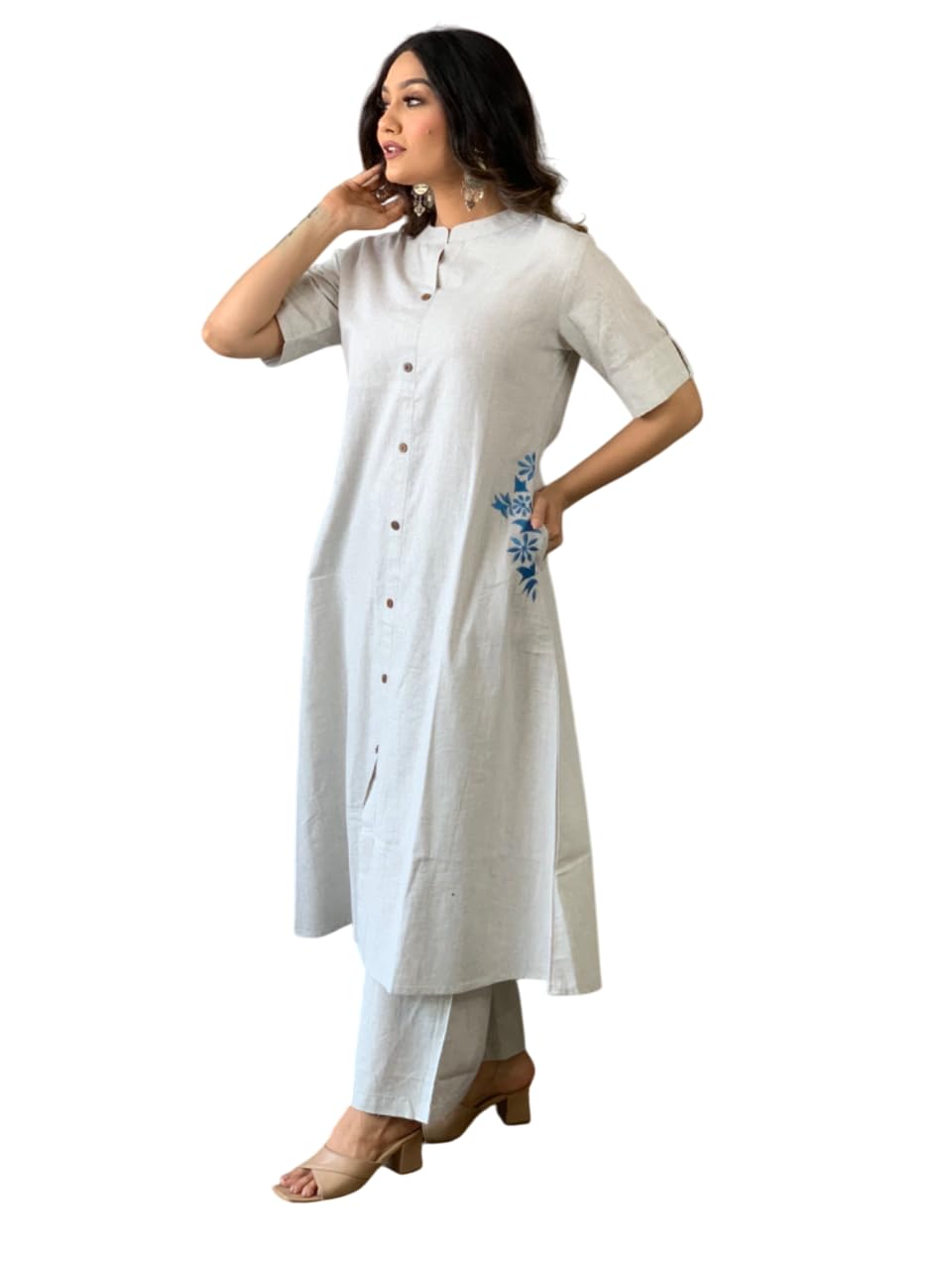 Women's Cotton Embroiderd Long A-Line  Kurti with Palazzo