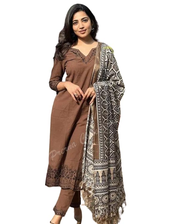 Women Pure Cotton Embroidery Straight Kurti with Pant & Dupatta Set (Brown)