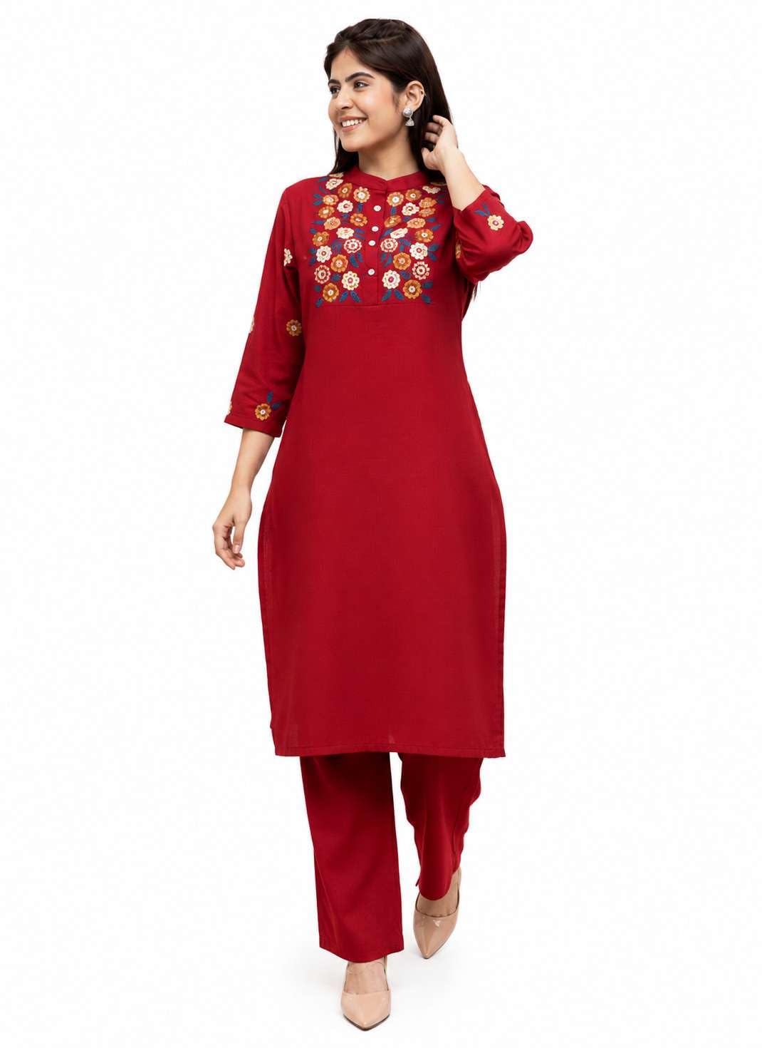 Women's Cotton floral Embroidery mandarin collar Straight Kurti With Pant