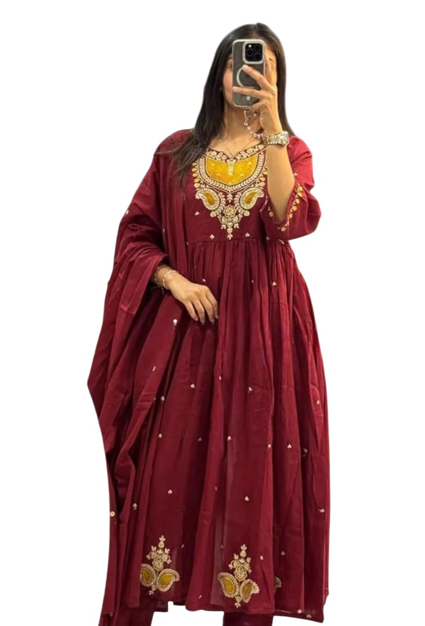 Women's Cotton Embroidered Anarkali Salwar Suit Set with Dupatta Set