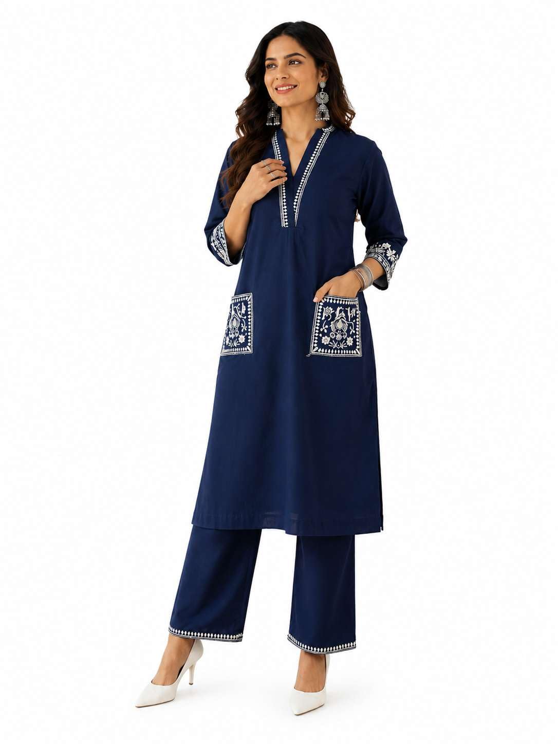 Women's Cotton Embroidery Straight Kurti With Pant Set