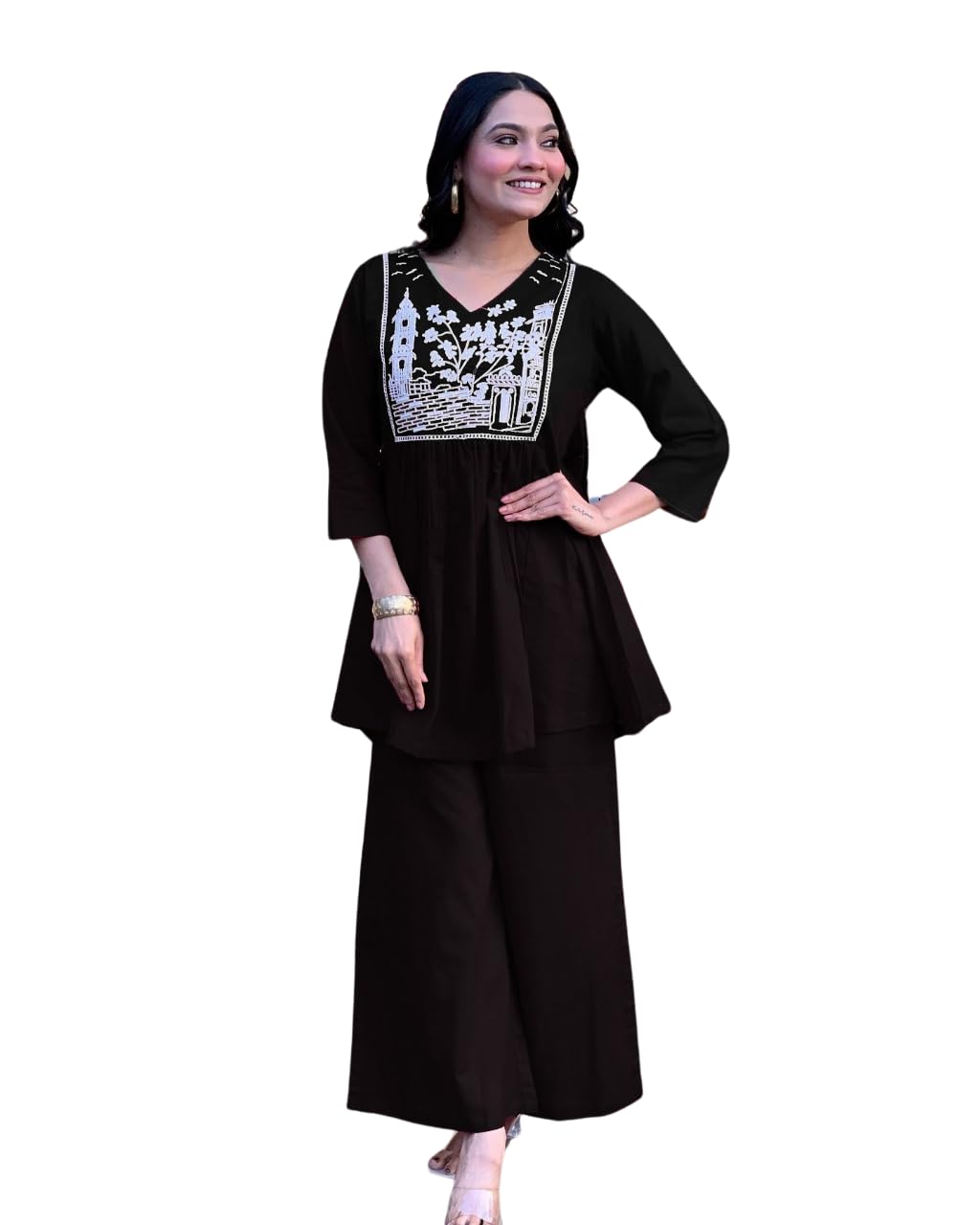 Women's Cotton Embroidered Flared Kurta With Pant Set