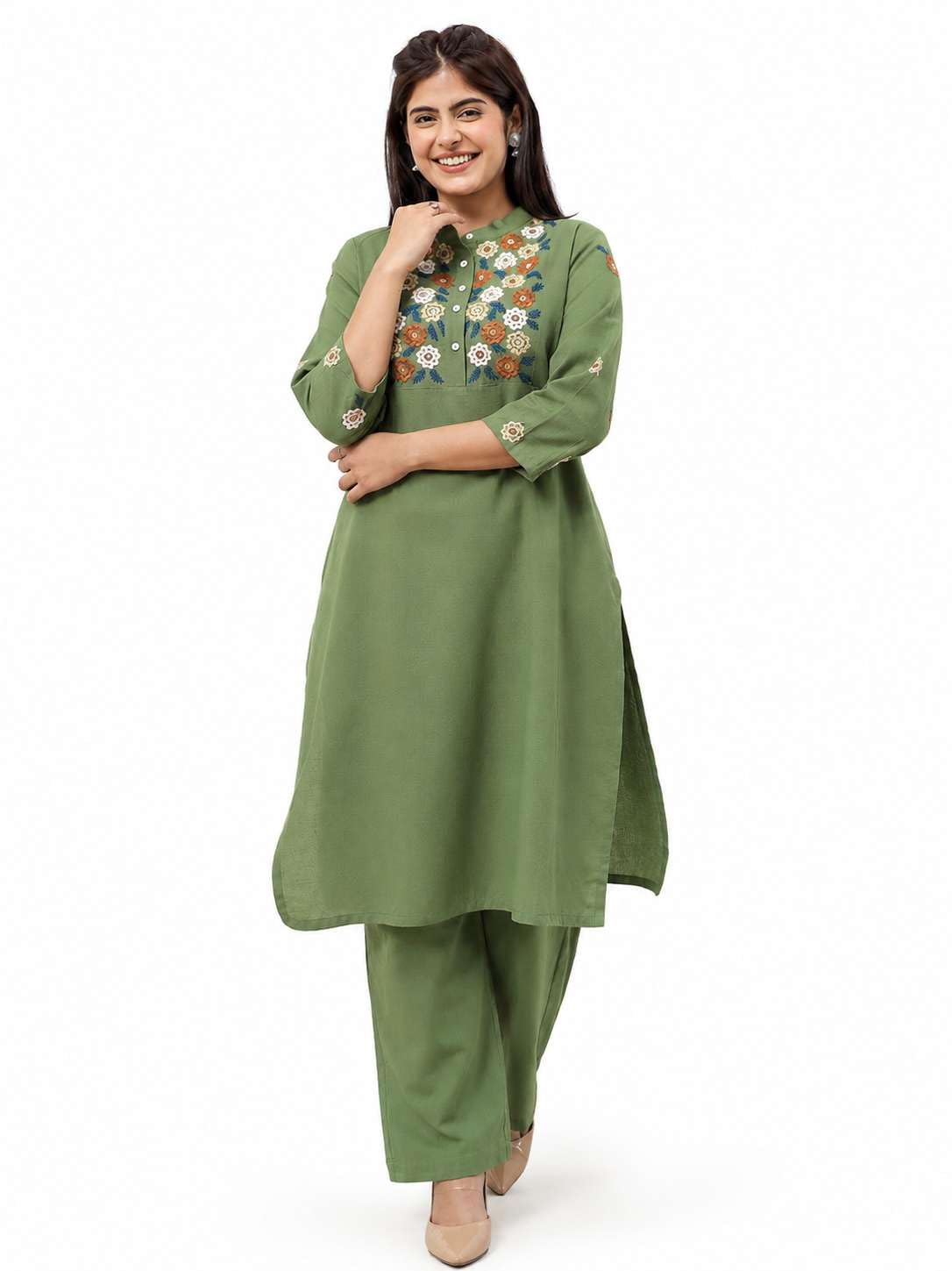 Women's Cotton floral Embroidery mandarin collar Straight Kurti With Pant