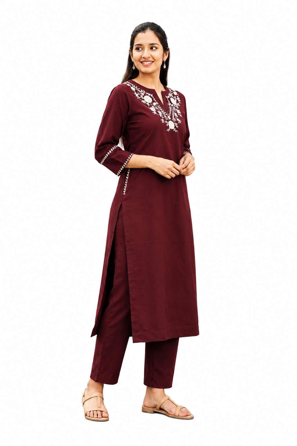 Women's Cotton Embroidered  Straight Kurti With Pant
