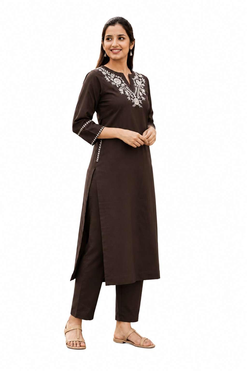 Women's Cotton Embroidered  Straight Kurti With Pant