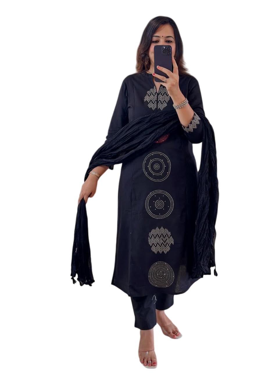 Women's Cotton Embroidered Straight Kurti With Pant And Dupatta Set
