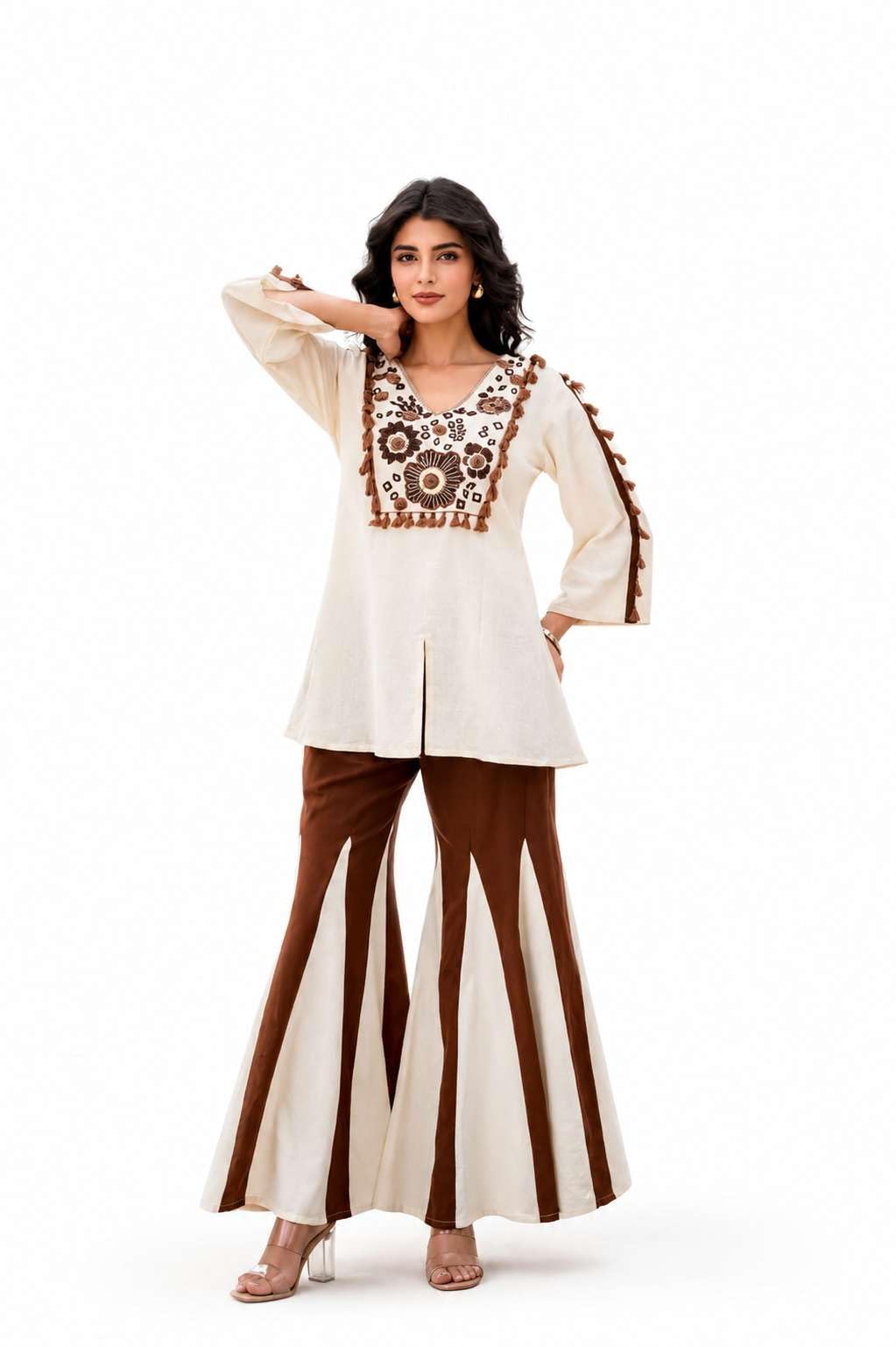 Women's Cotton Floral Embroidery and tassel straight fit kurti with flared PalAMzo Pant (Off White Brown)