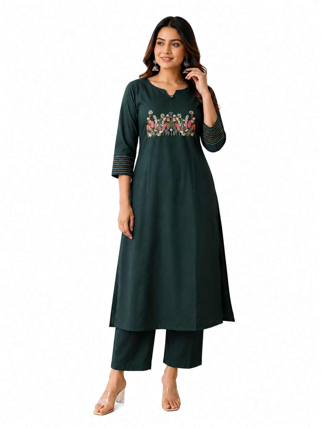 Women's Cotton Embroidered Straight Kurti With Pant Set