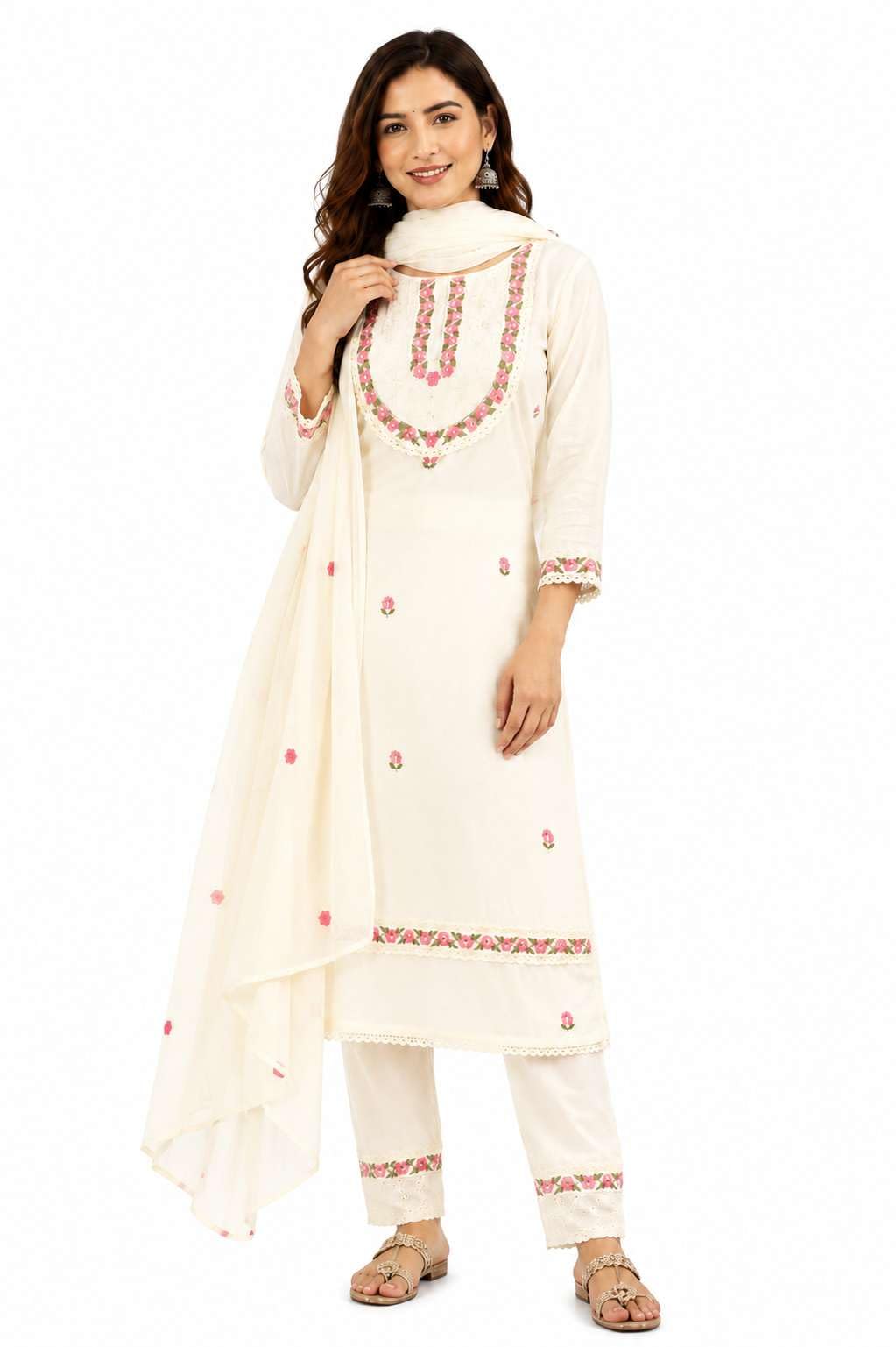Women's Cotton Embroidery Straight Kurti With Pant Set