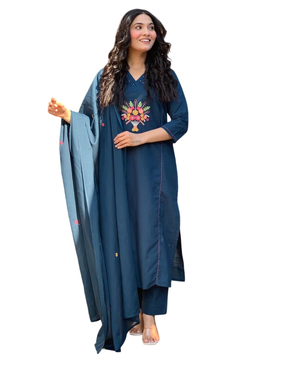 Women's Cotton Embroidered Straight Kurti With Pant And Dupatta Set (Dark Teal Blue)