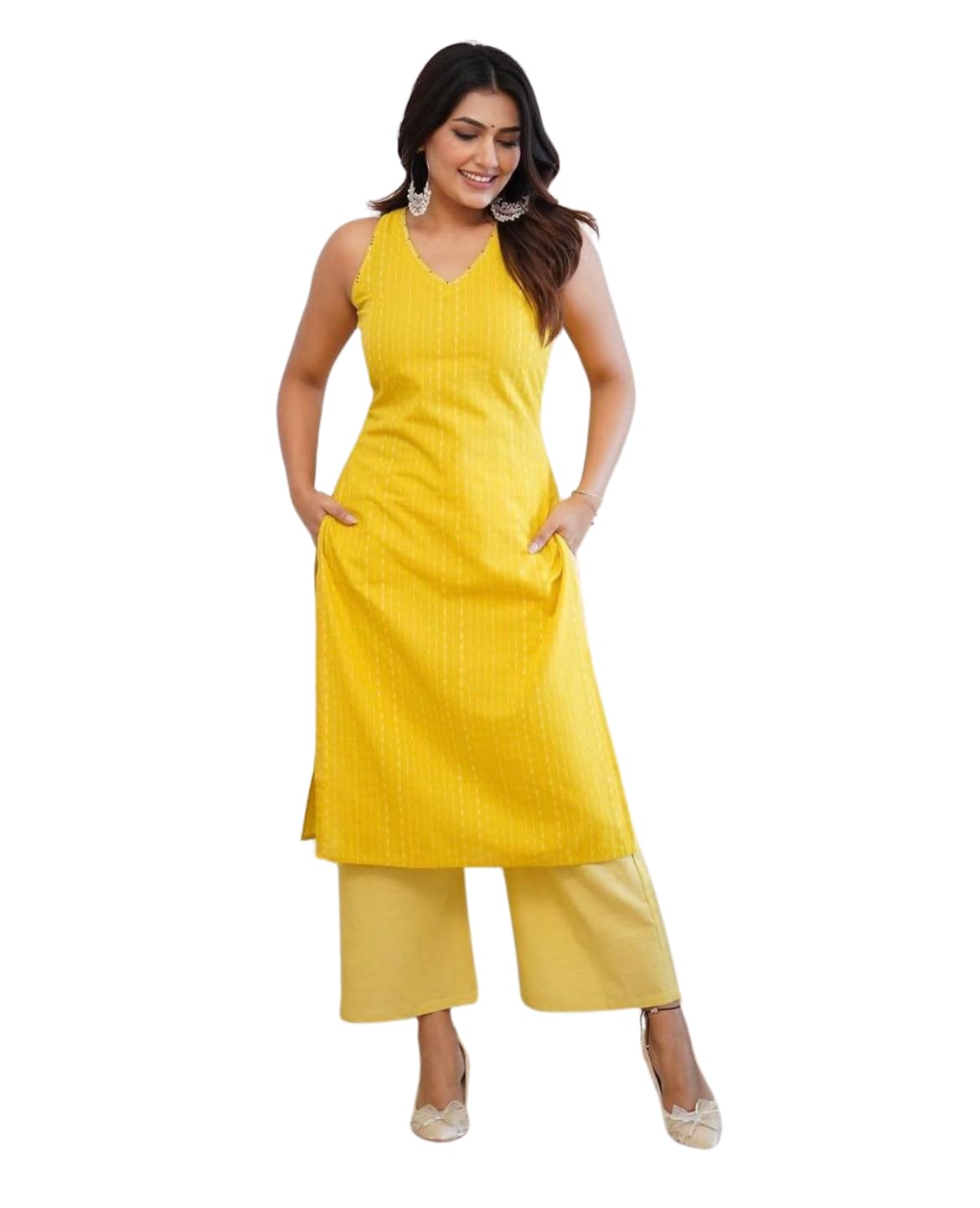 Women's Cotton Printed Sleeveless Straight Kurti With Pant Set