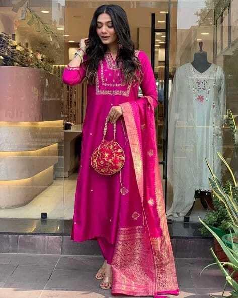 Women's Viscose Silk Heavy Embroidered Straight Kurta With Trouser & Banarasi Jacquard Dupatta Set
