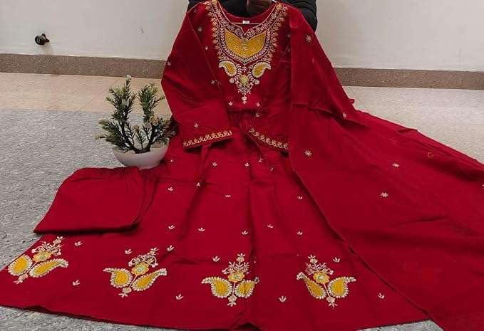 Women's Cotton Embroidered Anarkali Salwar Suit Set with Dupatta Set