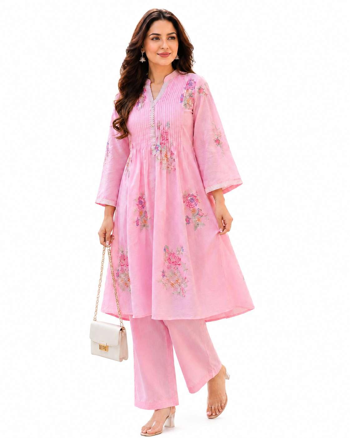 Women's Cotton Embroidery A-Line Kurti With Pant Set