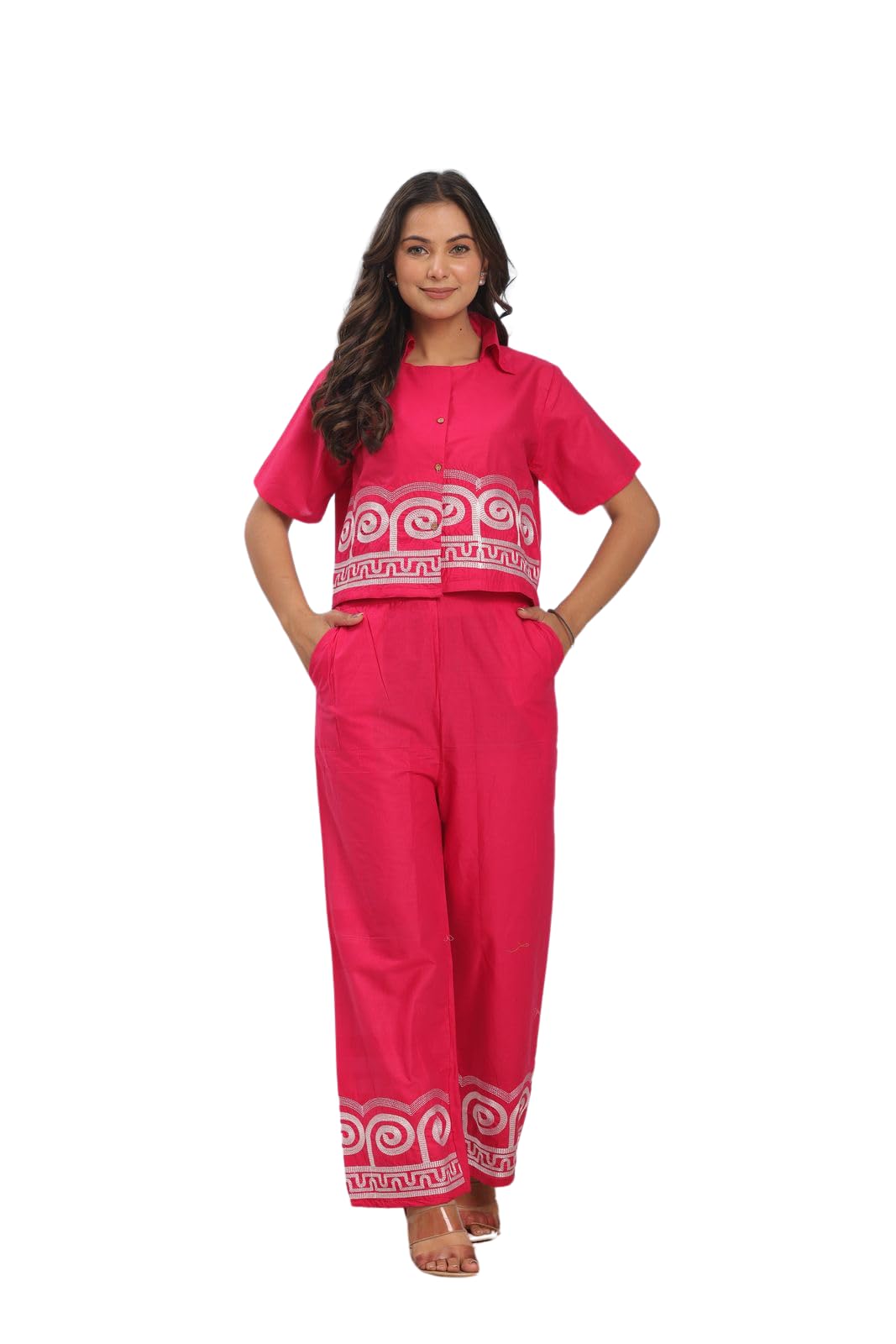 Women's Cotton Embroidered Crop top Co-Ord Set Coordinate Set Summer Wear Printed Crop Top with Pant Set