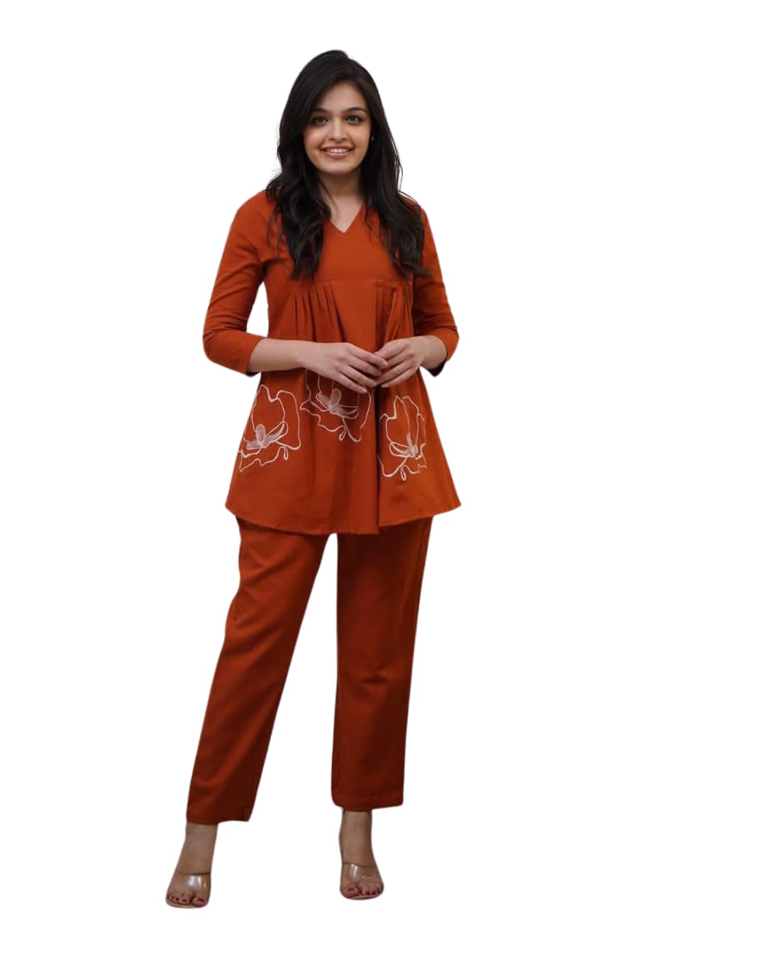 Women's Cotton Embroidered Co-ord Set 2 Piece Top Bottom Set