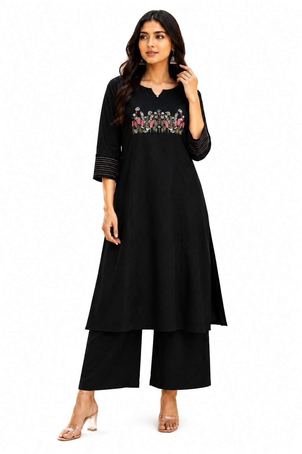 Women's Cotton Embroidered Straight Kurti With Pant Set