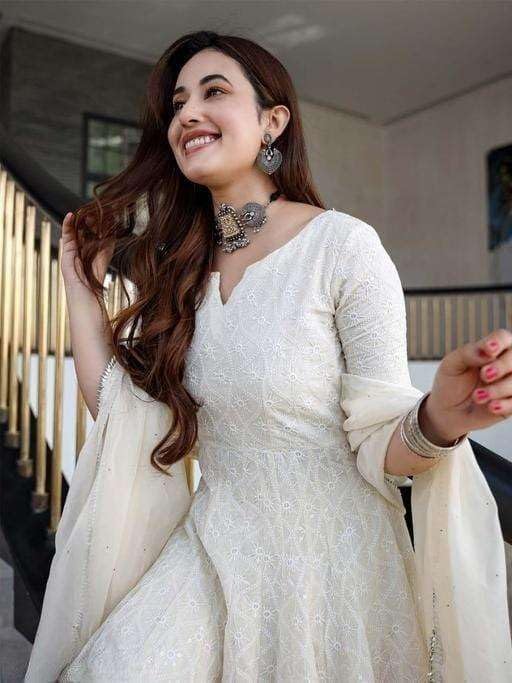 Women's Cotton Chikankari Long Anarkali Kurti With Dupatta (White)