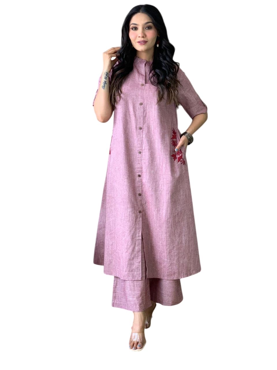 Women's Cotton Embroiderd Long A-Line  Kurti with Palazzo