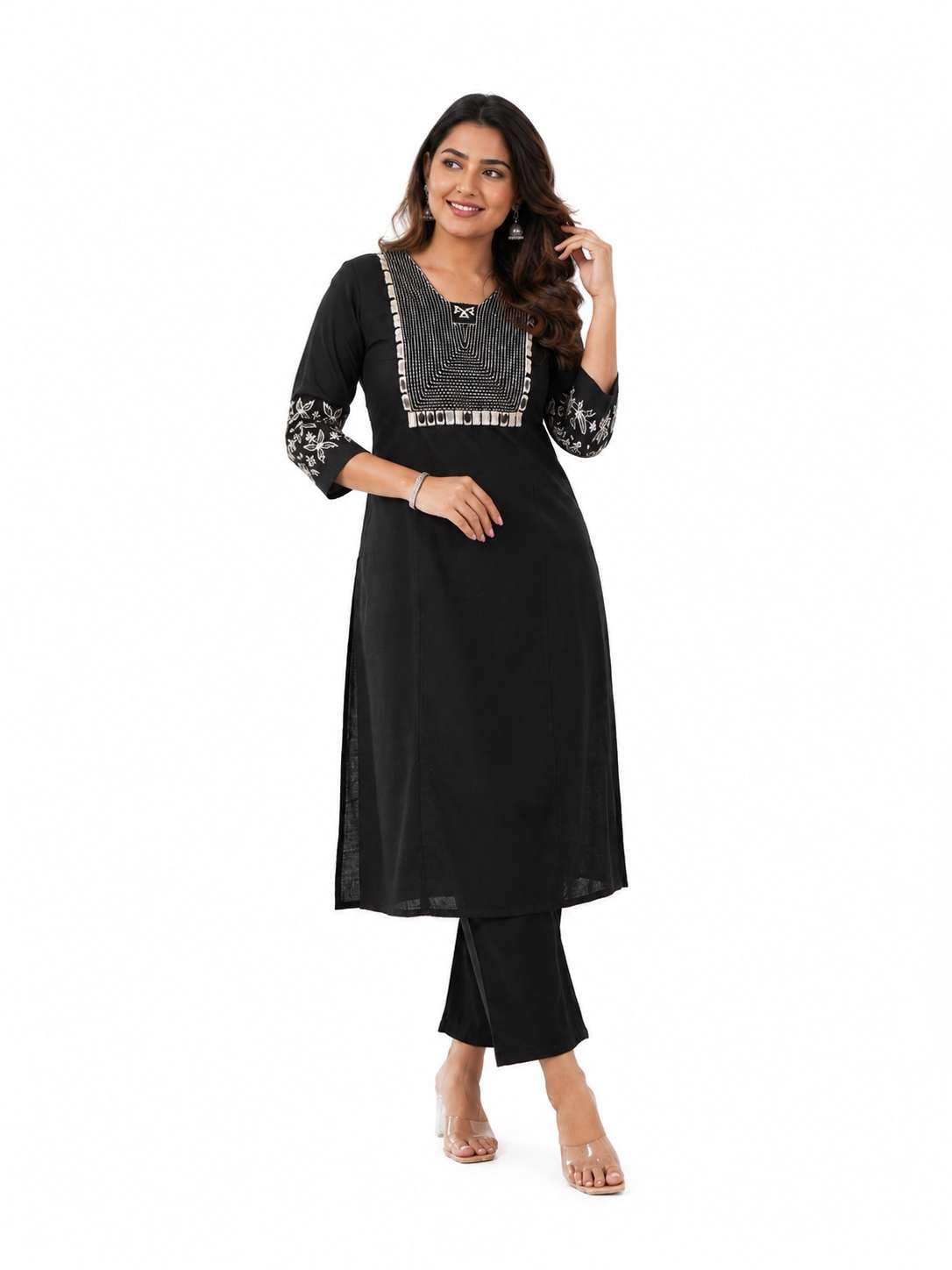Women's Cotton Embroidery Straight Kurti With Pant Set