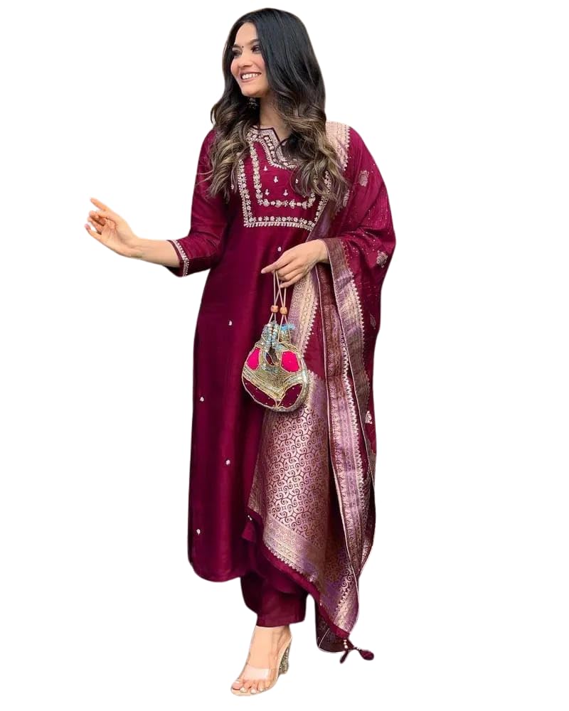 Women's Viscose Silk Heavy Embroidered Straight Kurta With Trouser & Banarasi Jacquard Dupatta Set