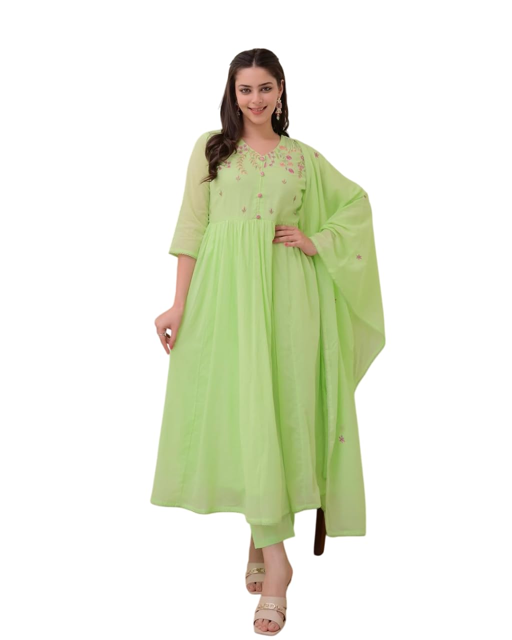 Women's Cotton Embroidered Anarkali Kurti With Pant and Dupatta set