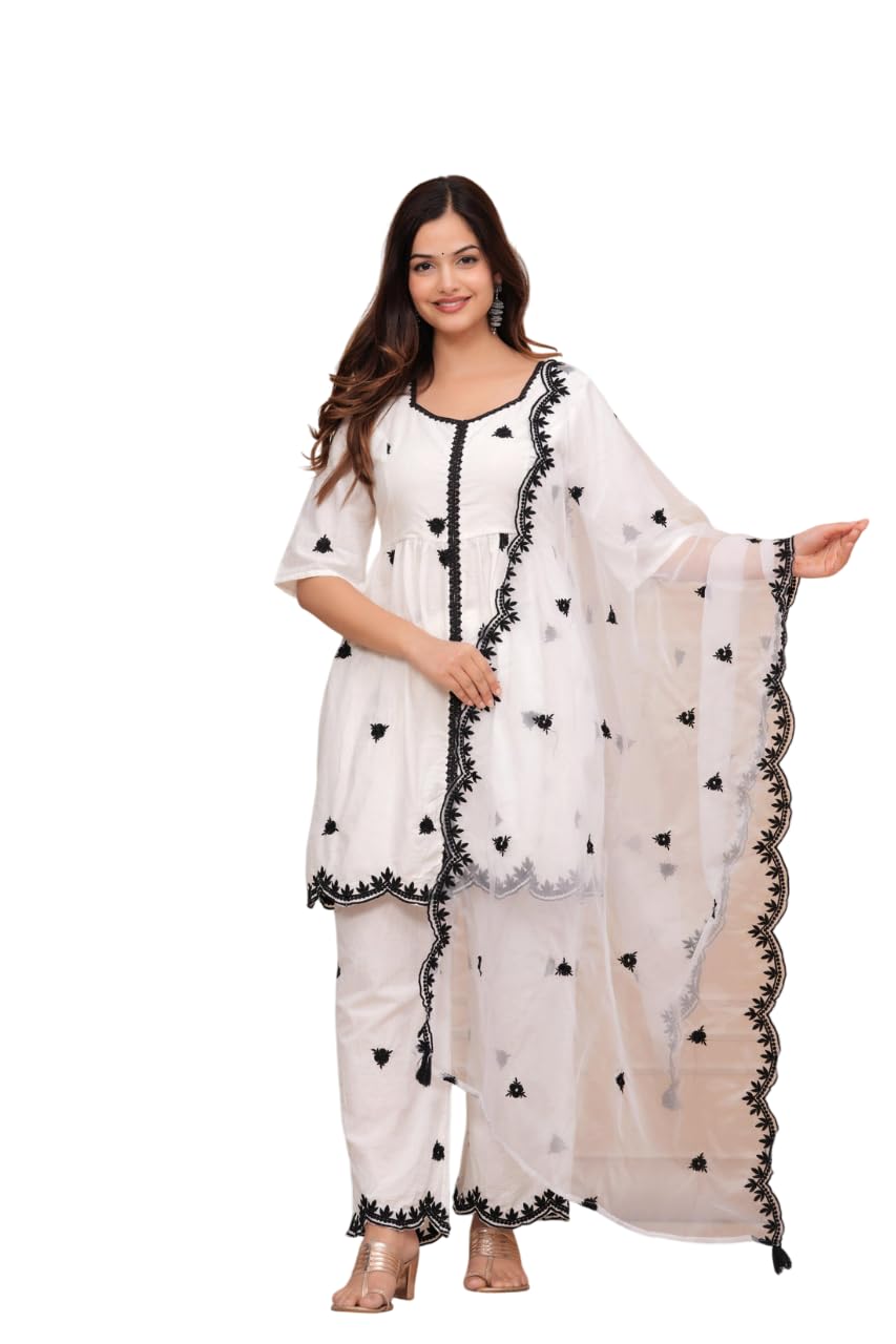Women's Cotton Embroidery Work Straight Kurti with pant and Dupatta Set