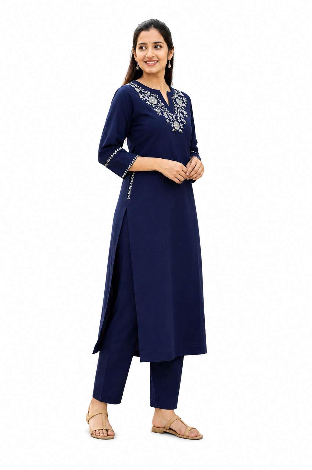 Women's Cotton Embroidered  Straight Kurti With Pant
