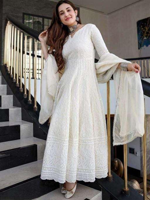 Women's Cotton Chikankari Long Anarkali Kurti With Dupatta (White)