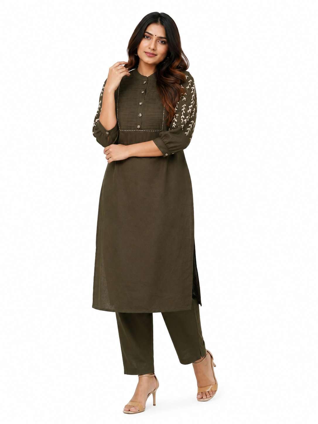 Women's Cotton Delicate Embroidery Straight Fit Kurti With Pant